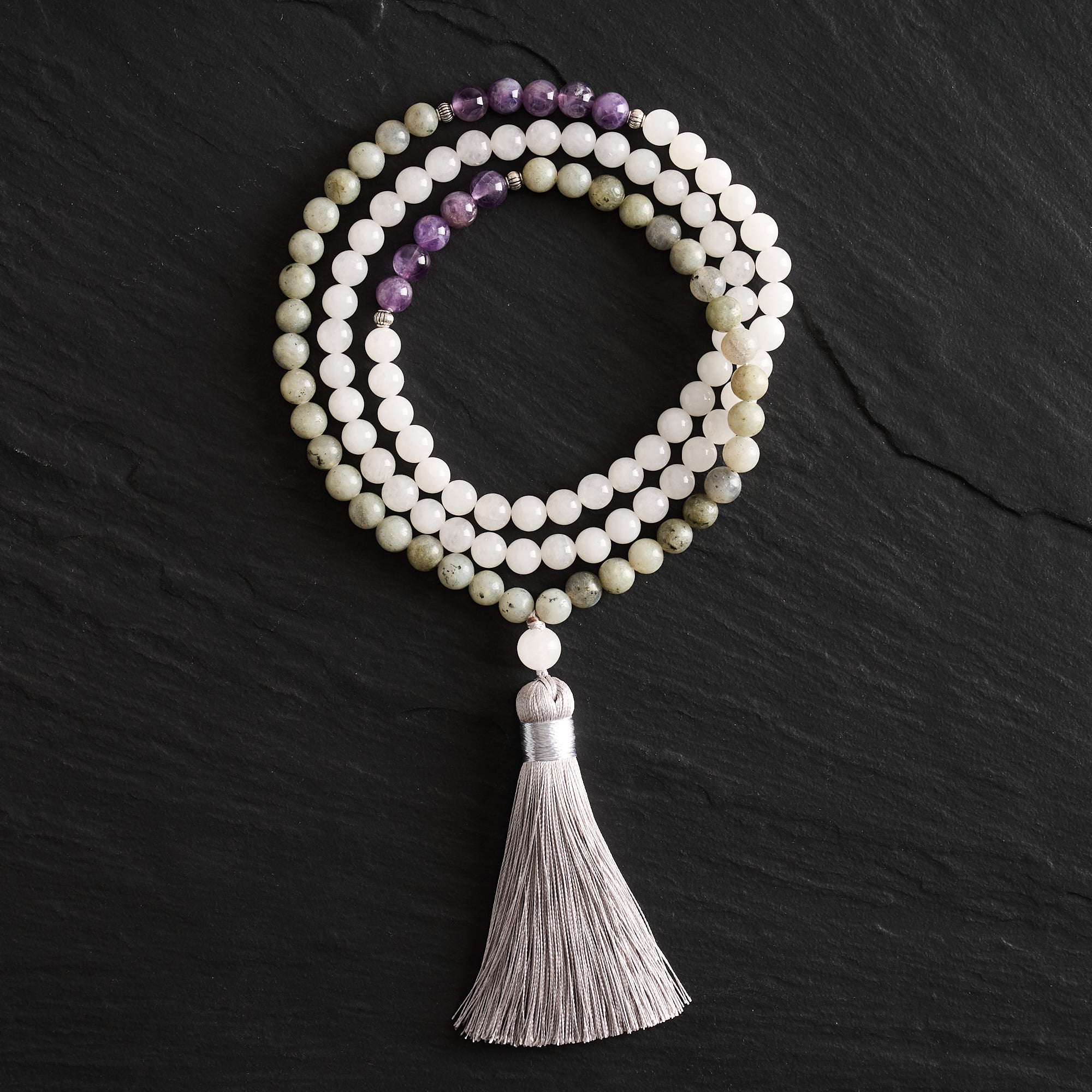 Alabaster, Spectrolite & Amethyst Mala