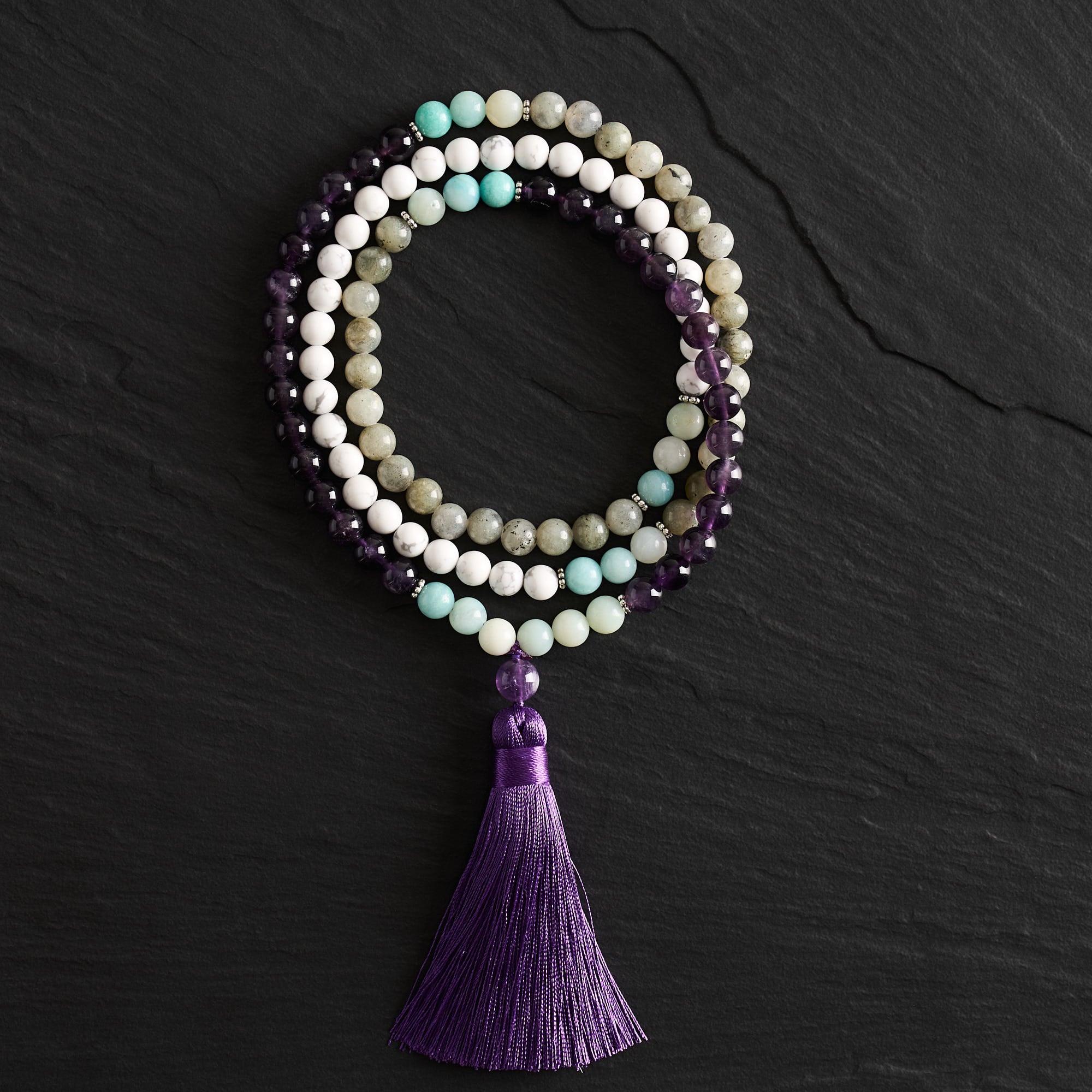 Amazonite, Spectrolite & Amethyst Mala