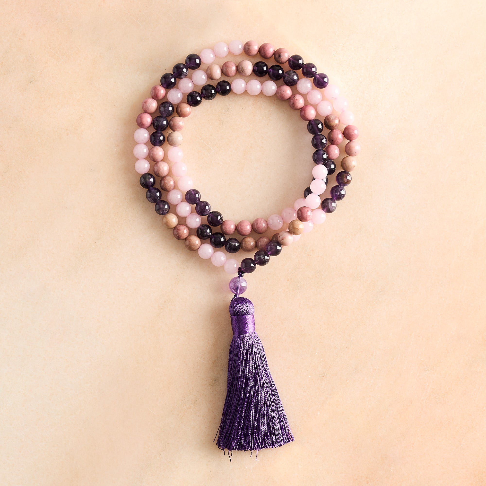 Amethyst, Rose Quartz & Rhodochrosite Mala